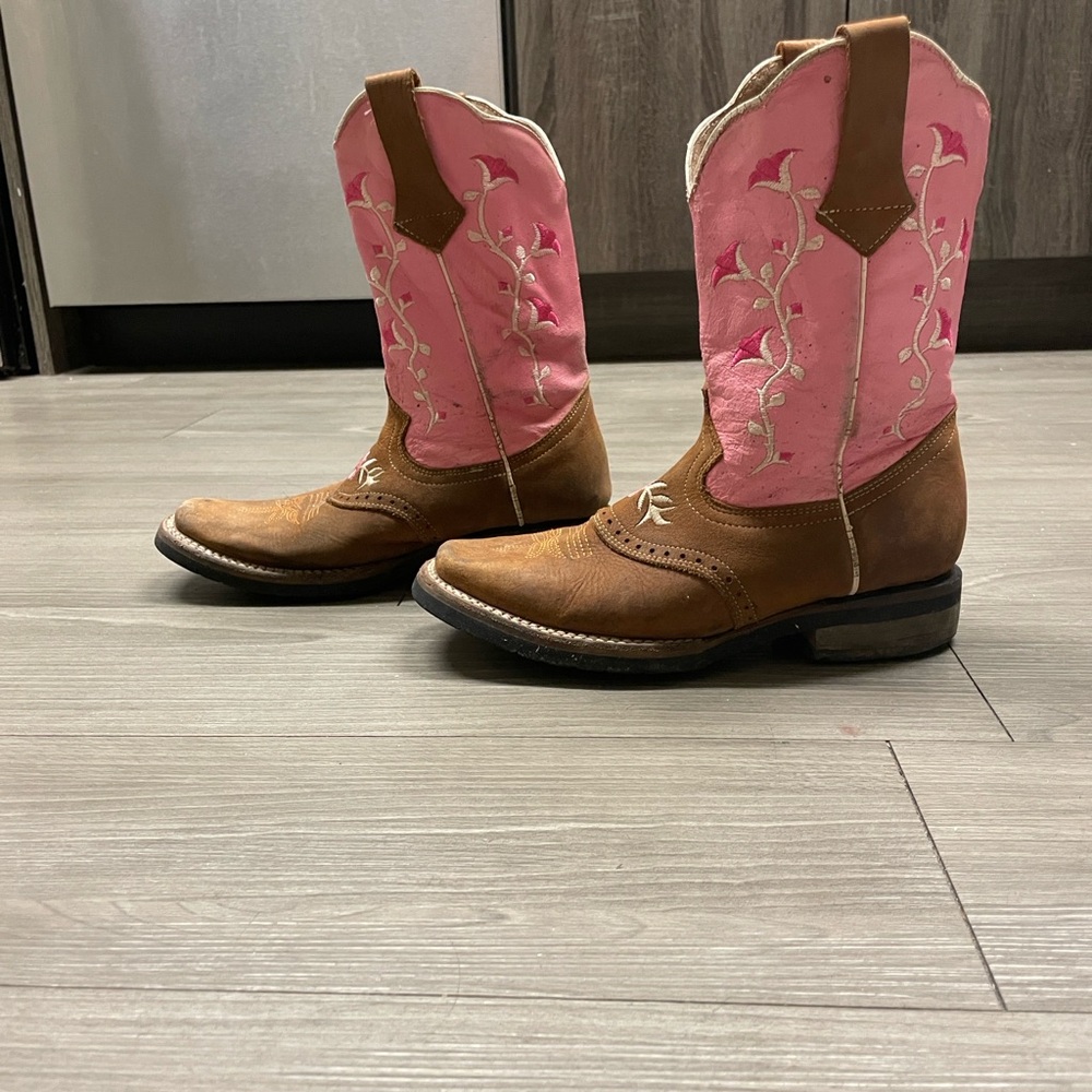 Pink and Brown Embroidered Cowboy Boots by Jhon Davis